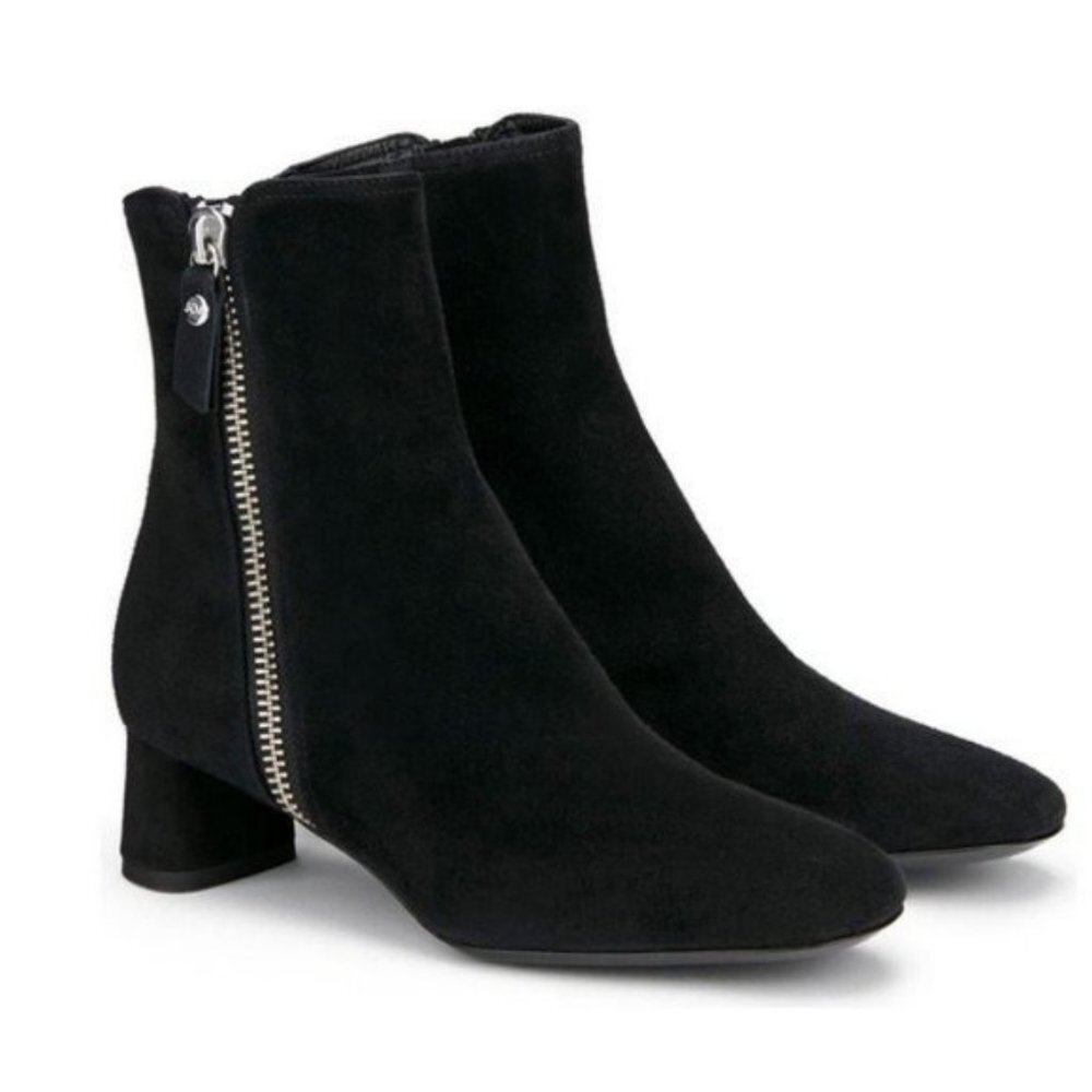 AGL Black Suede Bootie Exposed Silver Side Zipper Chunky Block Heel NWT 36.5
